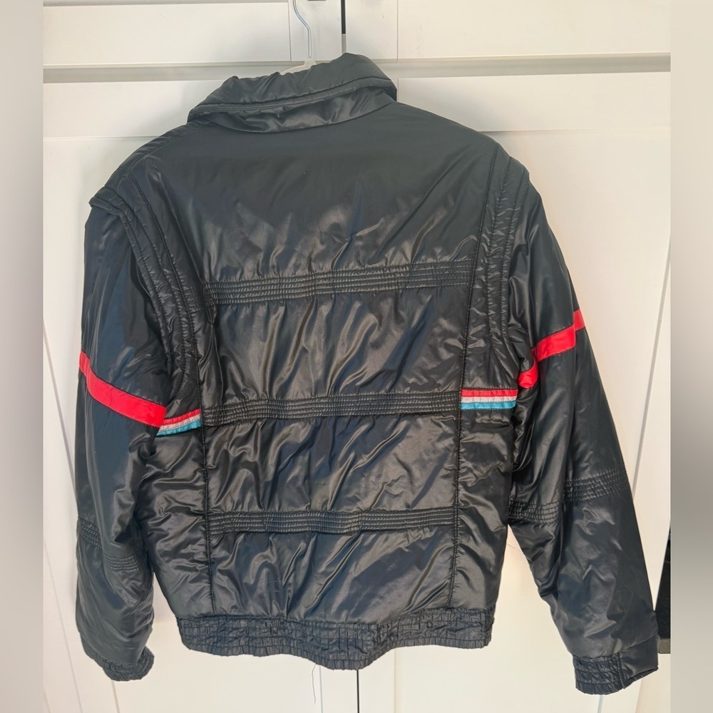 Vintage Alpine Black Puffer Jacket with Red and Green and Grey Stripes - Picture 2 of 13